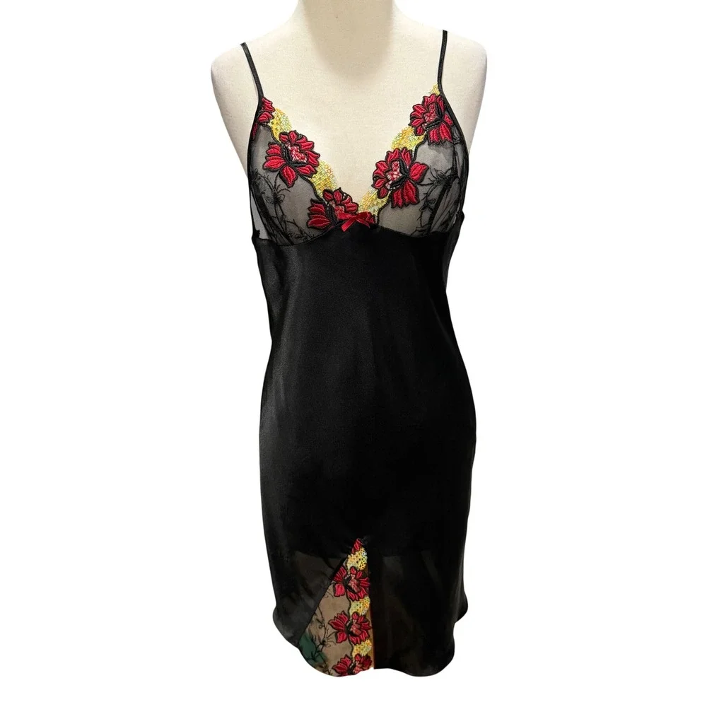Jasmin Y2K Satin Slip Dress Small Black Red Floral Embroidery Nightwear Lingerie